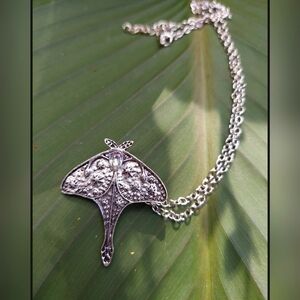 Silvertone Lunar Moth with faceted glass stone necklace